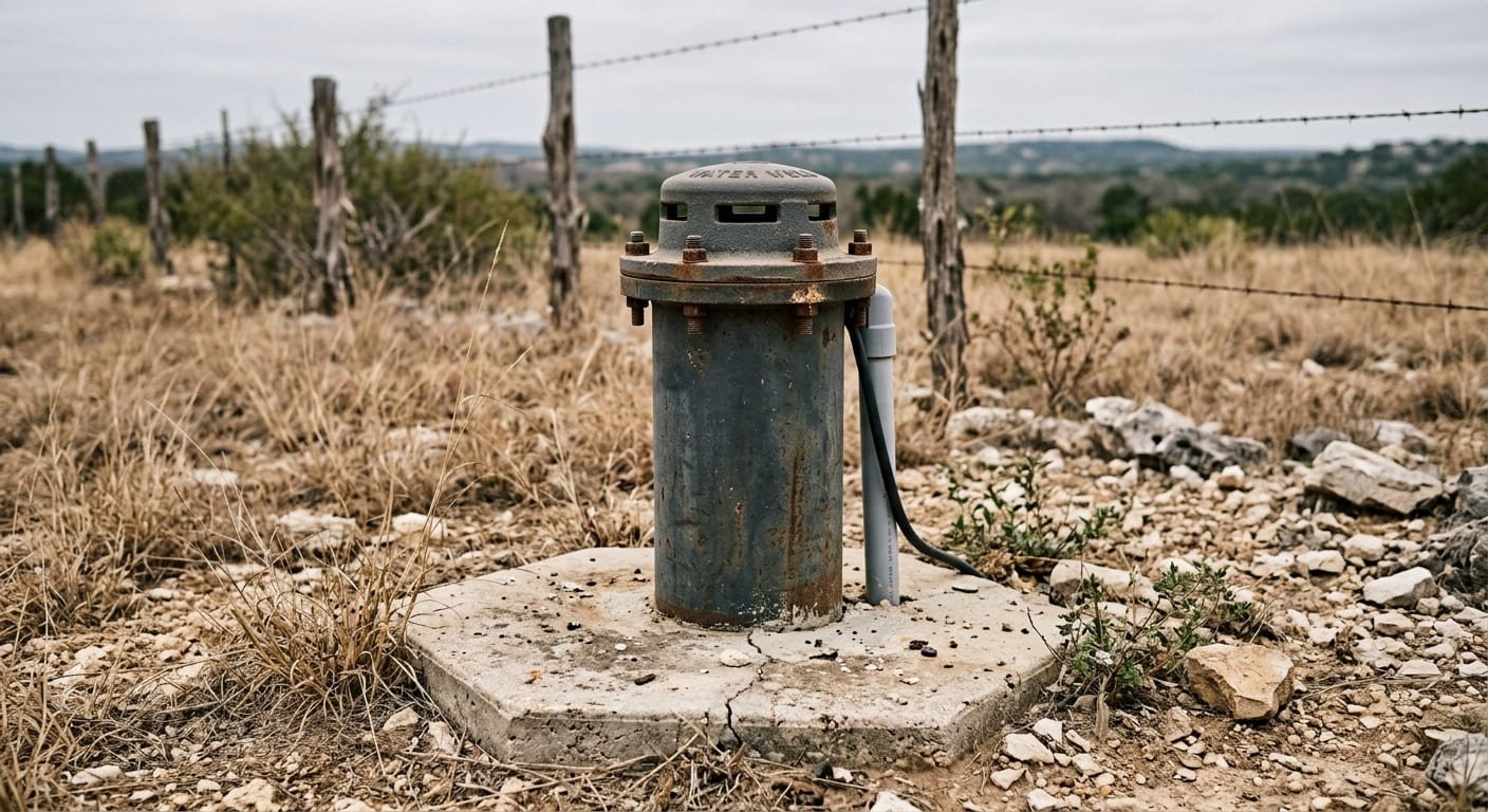 Austin Water Well Drilling: a capped wellhead above the Trinity Aquifer, the kind water well drilling Austin TX homeowners rely on